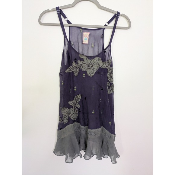 Y2K Free People 100% Silk Cami Size 6 Medium Babydoll Sheer Embroidered Festival - Picture 1 of 7